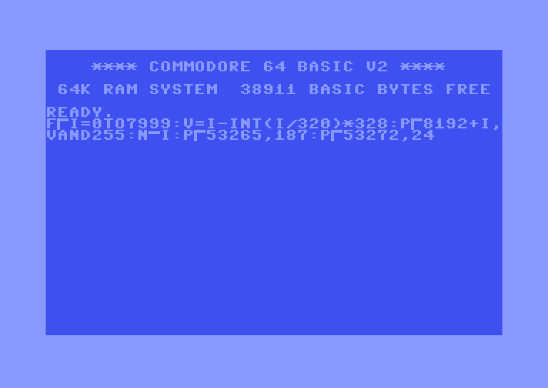 C64 startup screen with code to prepare a hires screen