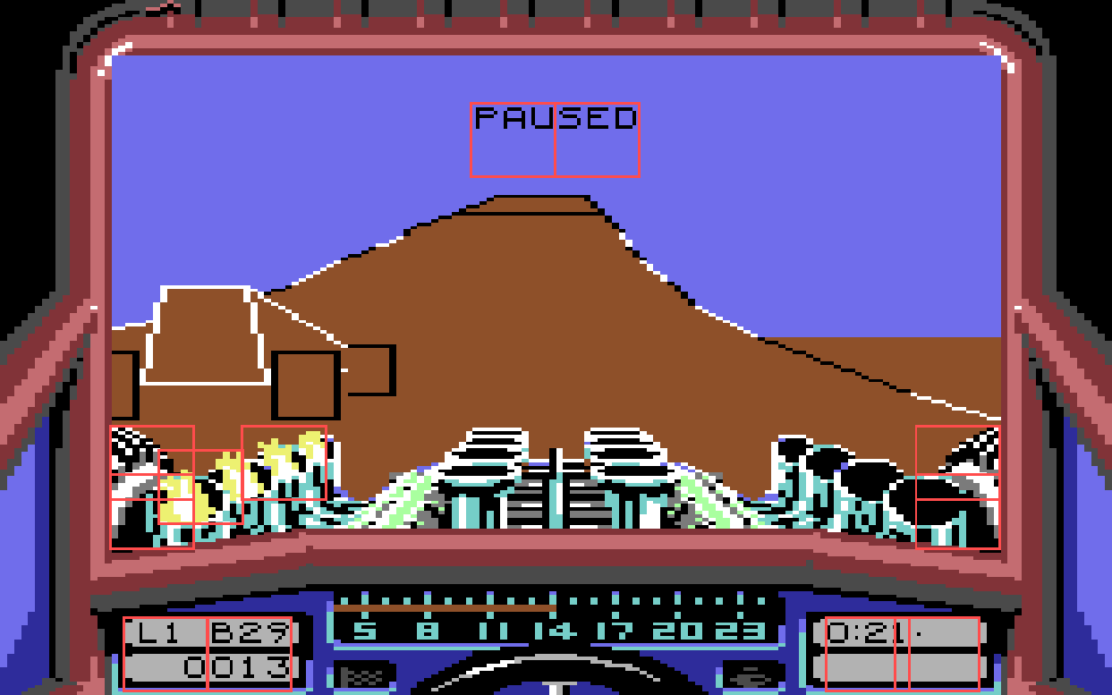 Stunt Car Racer on the C64 with the sprites marked