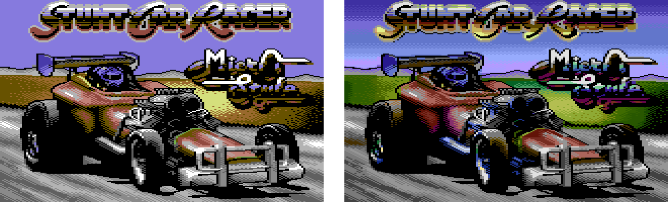 Stunt Car Racer title image comparison between the C64 and the Plus/4